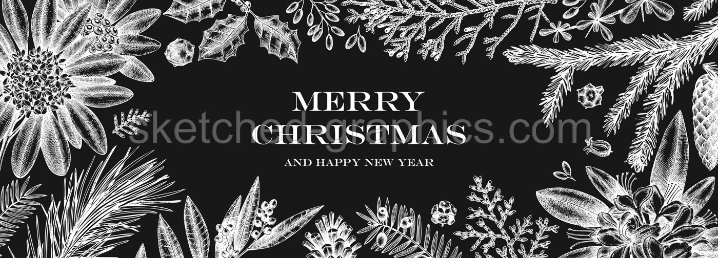 Christmas banner design on chalkboard. Vector frame with hand sketched winter flowers, evergreen plants and con. Vintage background with botanical elements. Engraved style vintage winter illustration. Illustration